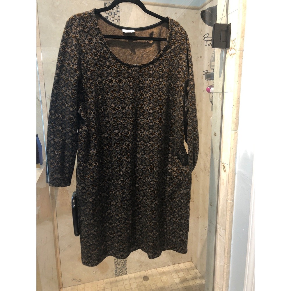 J. JILL Long Sleeve Sweater Dress Brown Yellow Fall Print  Size XL Cotton Knit